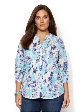 WOMAN WITHIN Linen Rayon Pintucked Tunic Top Cottagecore floral